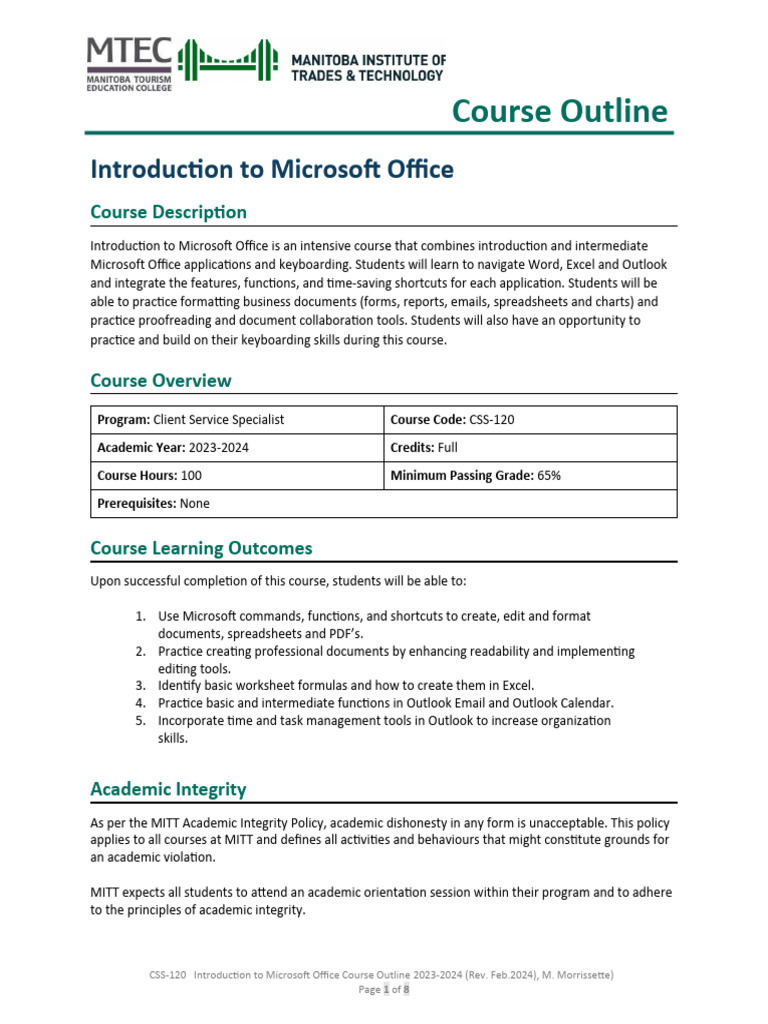 Microsoft Office Course Outline CSS-120 | PDF