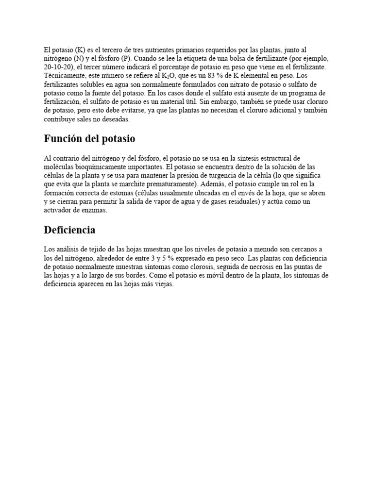Importancia del potasio en fertilización vegetal | PDF | Fertilizante ...