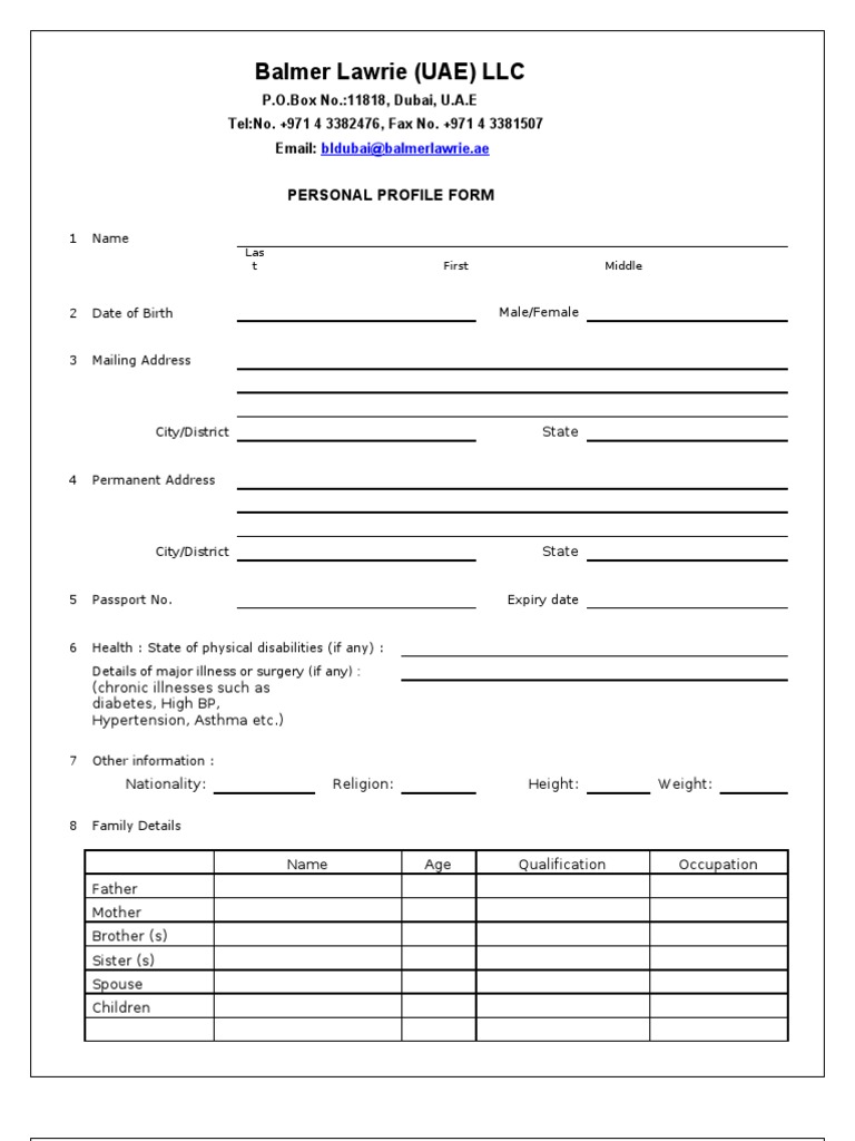 Balmer Lawrie (UAE) LLC Personal Profile Form PDF