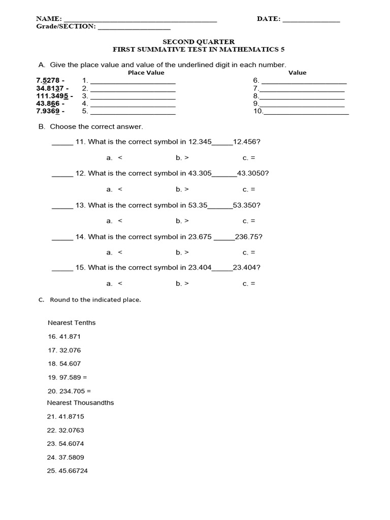 Math 5 Second Quarter Test Guide | PDF | Numbers | Mathematical Notation