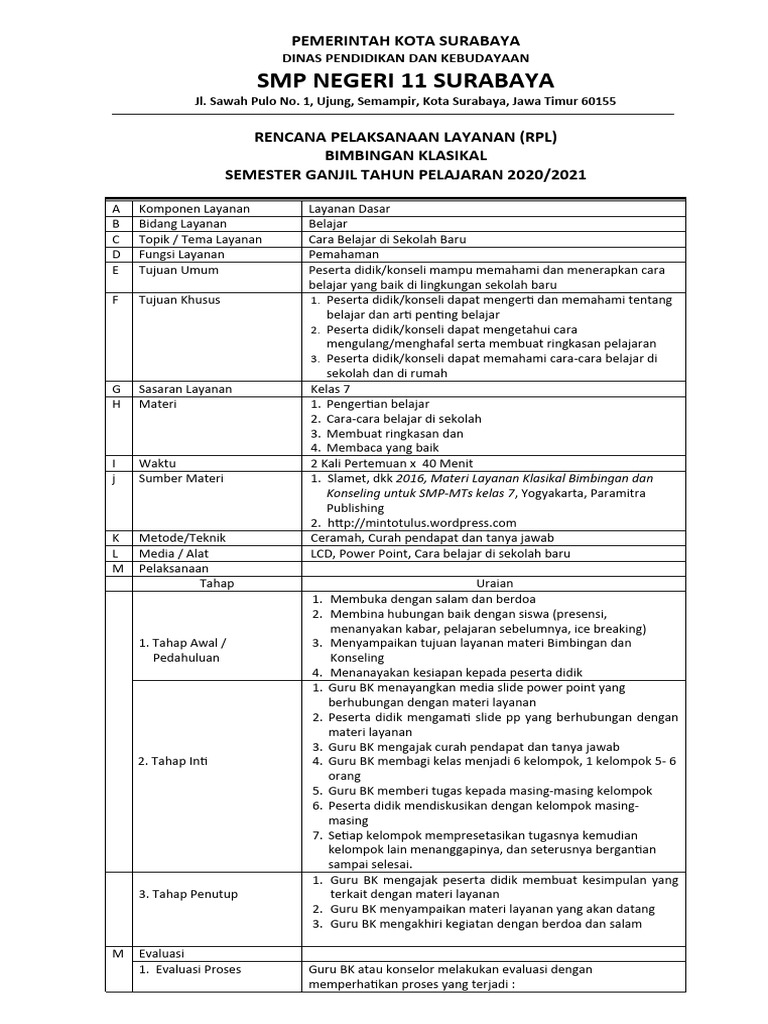 Rencana Pelaksanaan Bimbingan Belajar | PDF | Karier & Perkembangan
