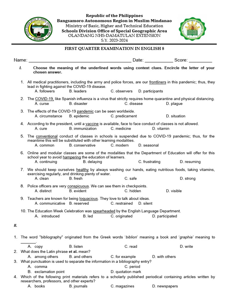 First Quater Exam in English 8 1 | PDF | Pandemic | Punctuation