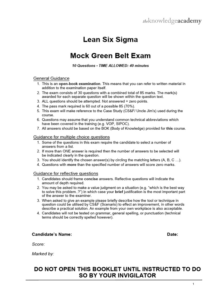 TKA Green Belt Mock Exam | PDF | Six Sigma | Business