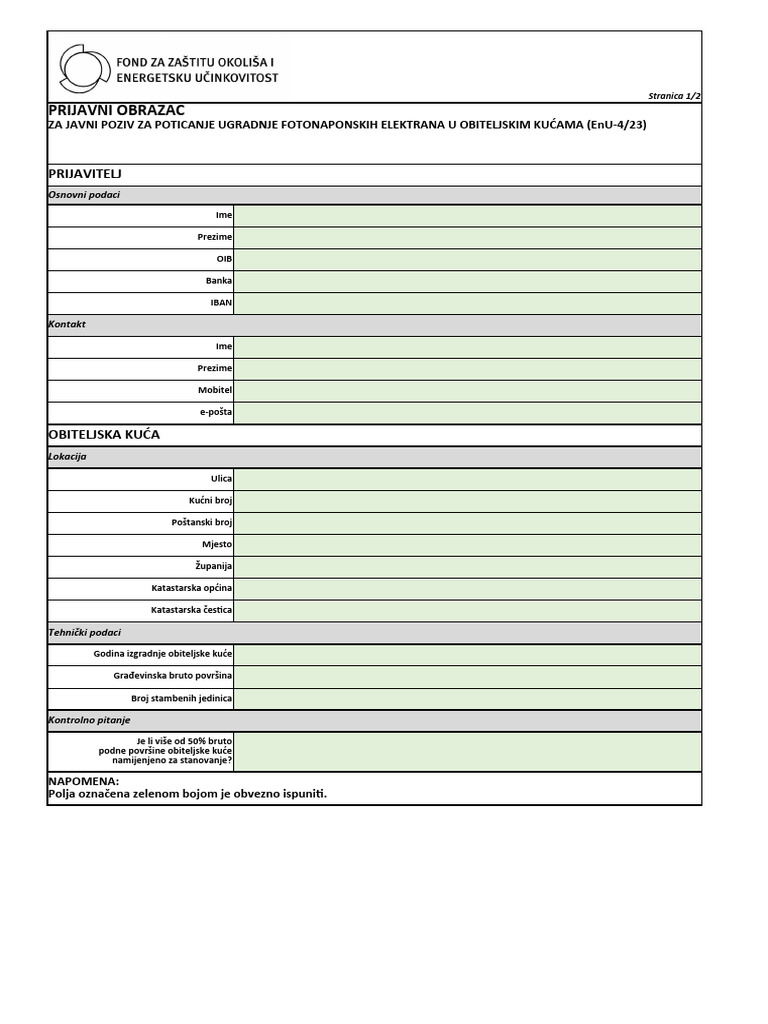 Prilog 1. Obrazac 1. Prijavni Obrazac | PDF