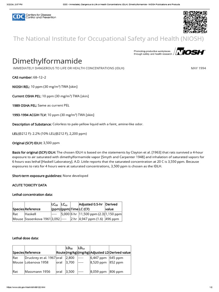 CDC - Immediately Dangerous To Life or Health Concentrations (IDLH ...
