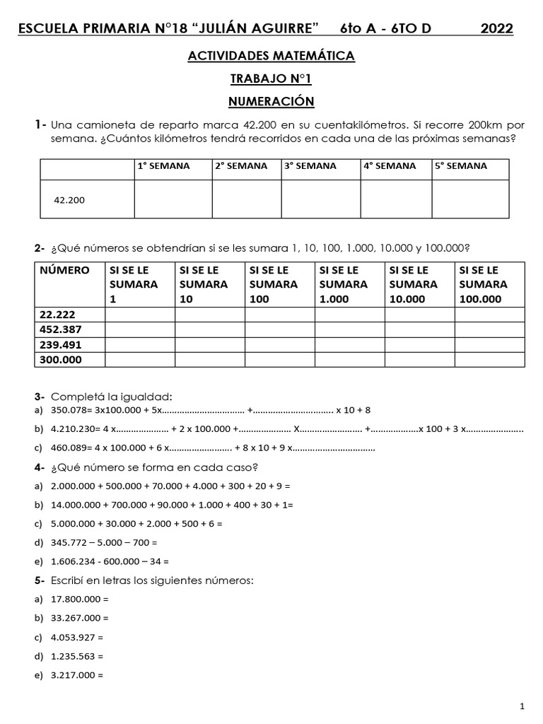 Actividades Matemática - 6to A - 6to D - Marzo - Epn18 - 2022 | PDF ...