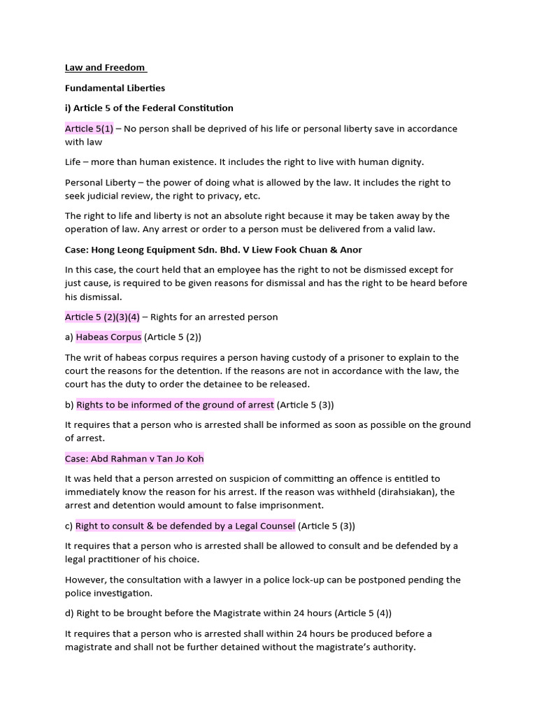 Fundamental Liberties in Malaysian Law | PDF | Detention (Imprisonment ...