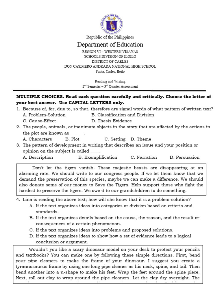 Reading and Writing 3rd Quarter Examination PDF