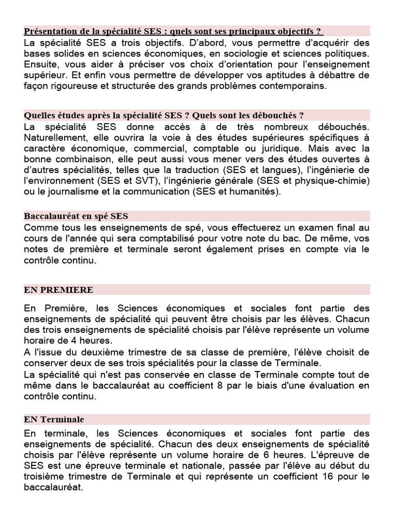 Spécialité SES : Objectifs et débouchés | PDF | Science