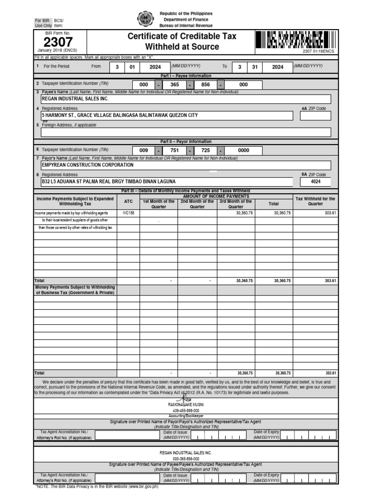 BIR Certificate of Creditable Tax Withheld | PDF