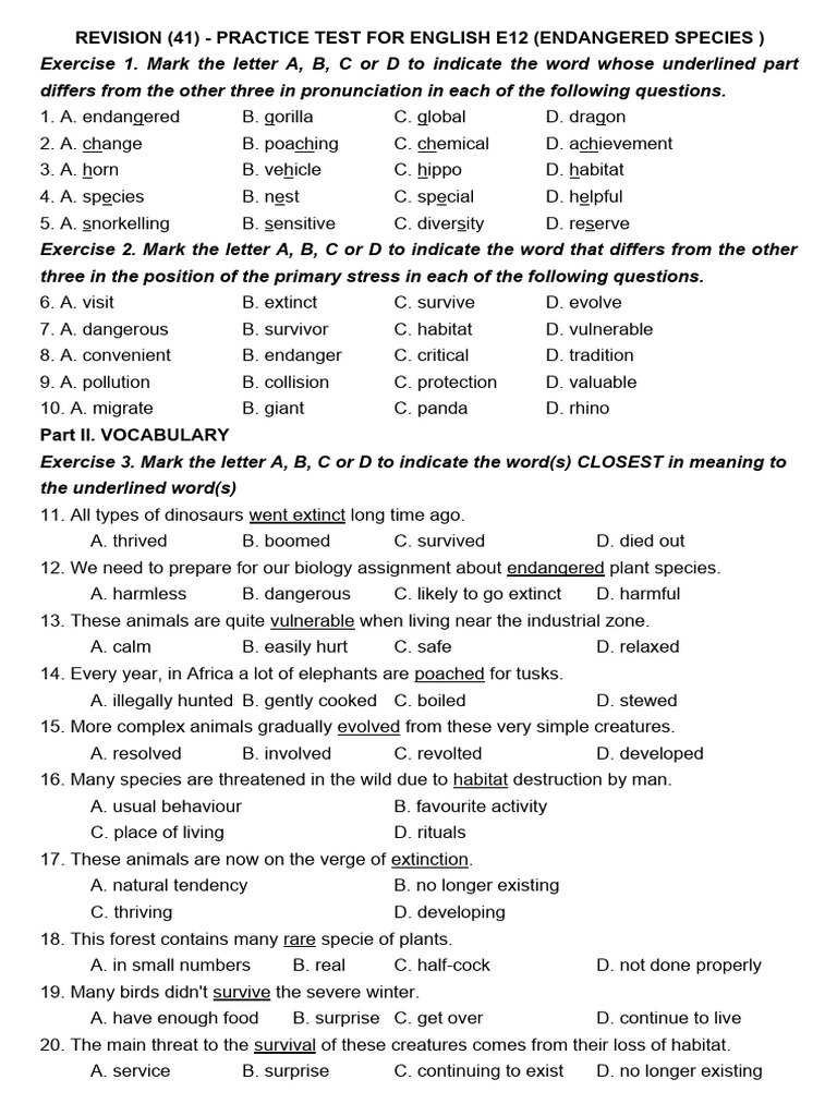 English E12 Practice Test: Endangered Species | PDF | Toothbrush ...