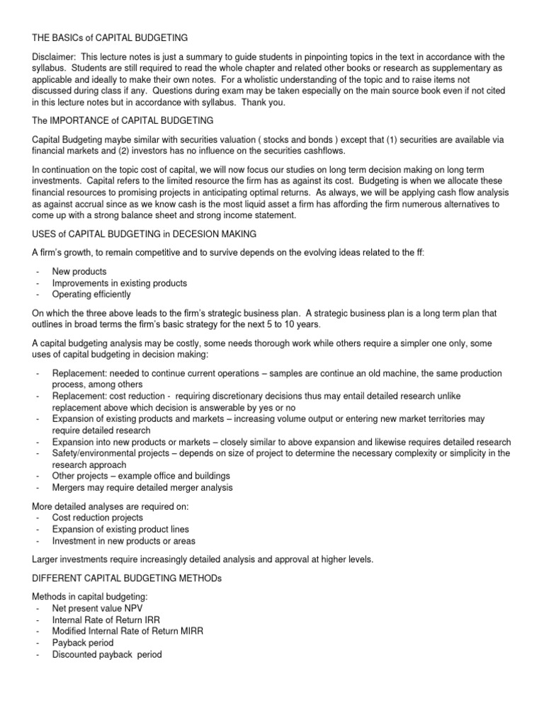 Capital budgeting and cashflow pdf net present value internal