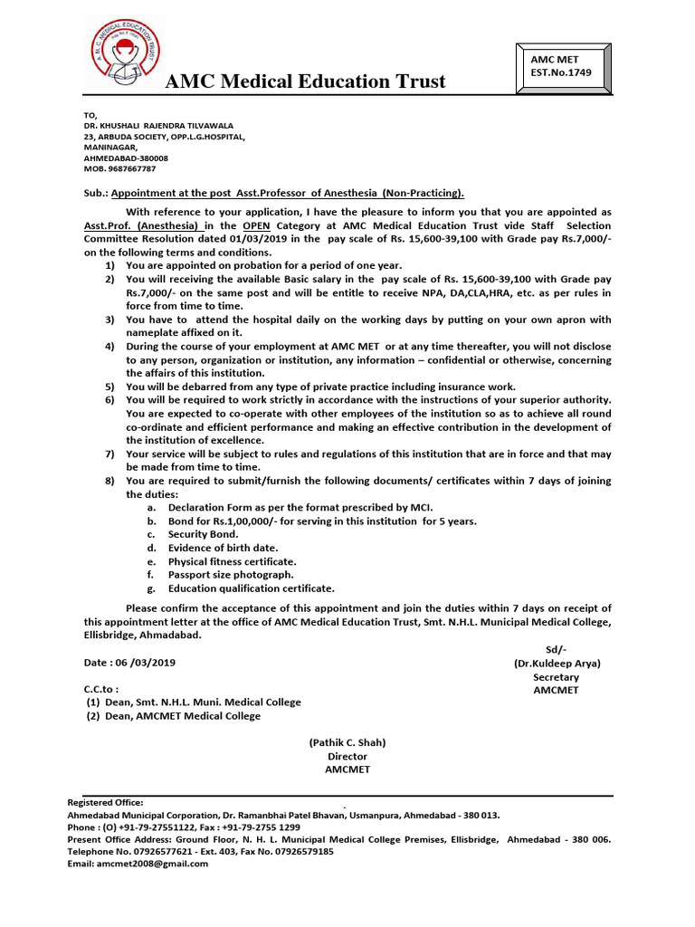 Appointment as Asst. Professor of Anesthesia | PDF
