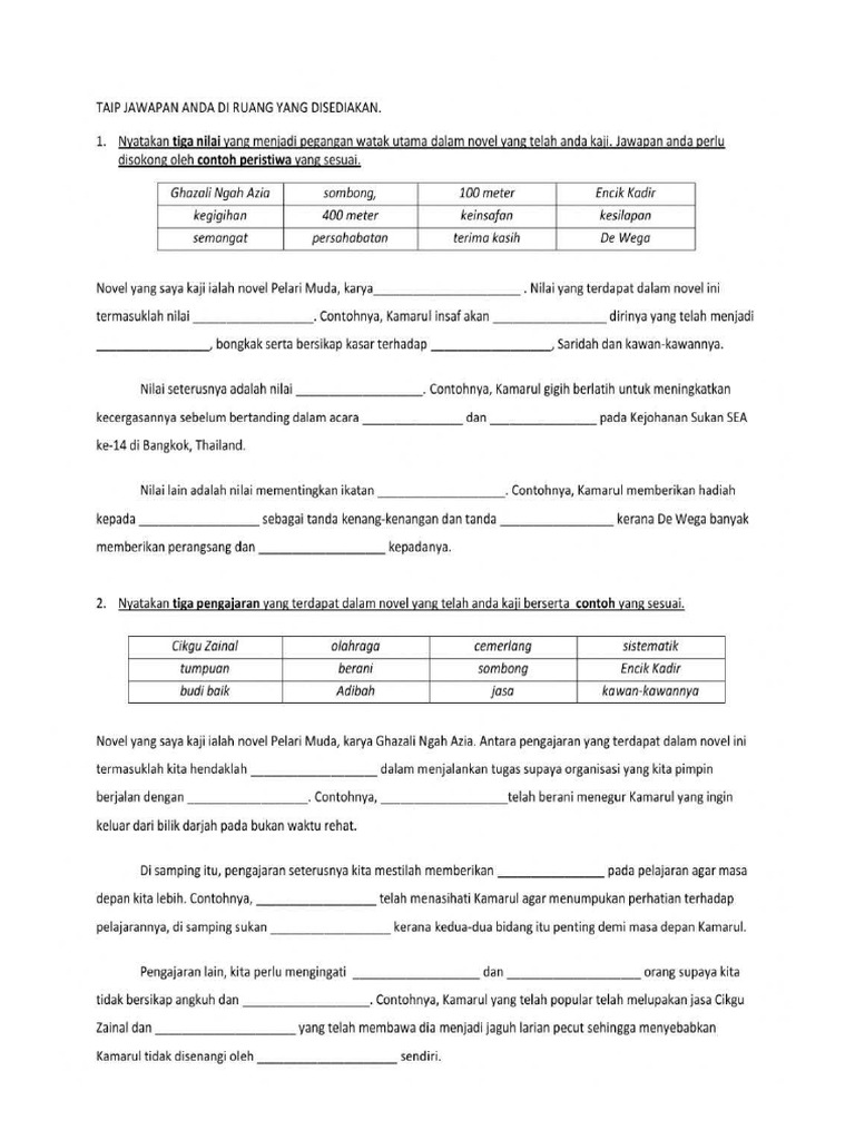 Worksheet Novel Pelari Muda | PDF