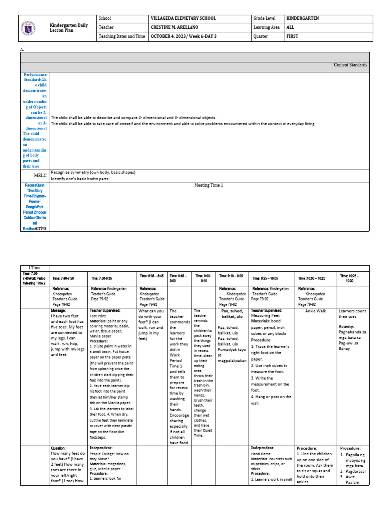 Kindergarten Lesson Plan: Body Parts | PDF