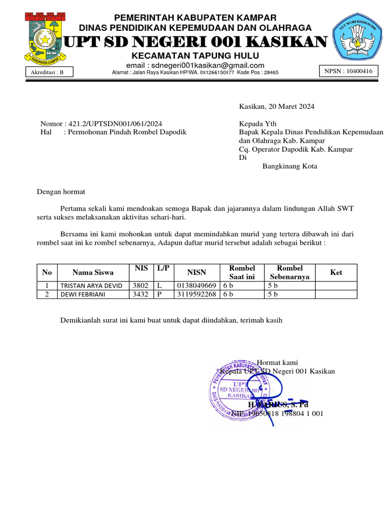 Surat Permohonan Pindah Rombel Dapodik PDF