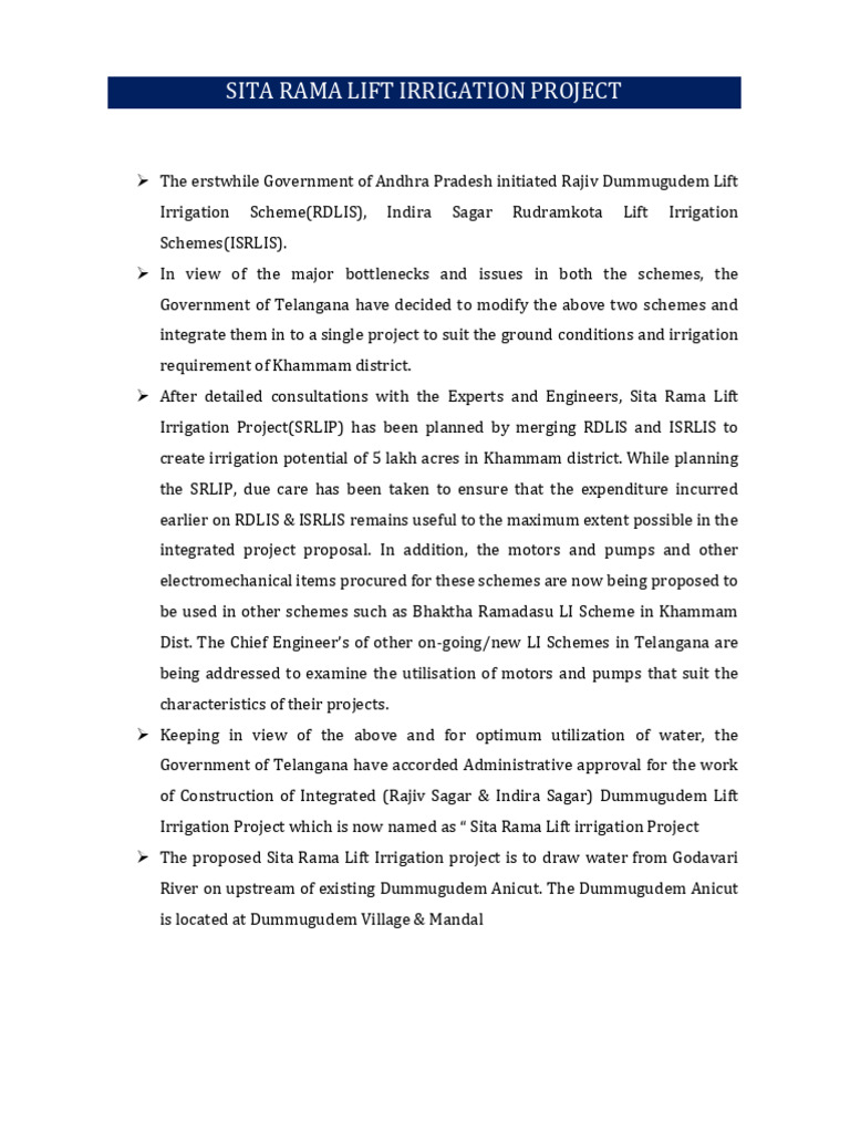 Sita Rama Lift Irrigation Project Overview | PDF | Technology & Engineering