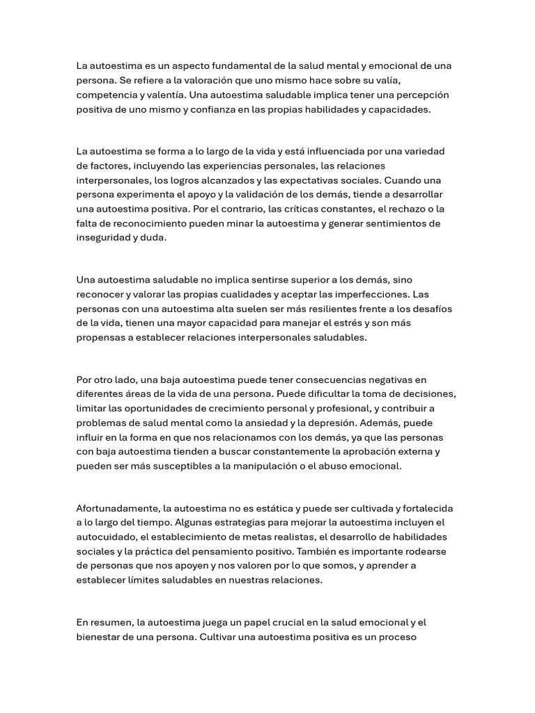 Importancia de la Autoestima Saludable | PDF
