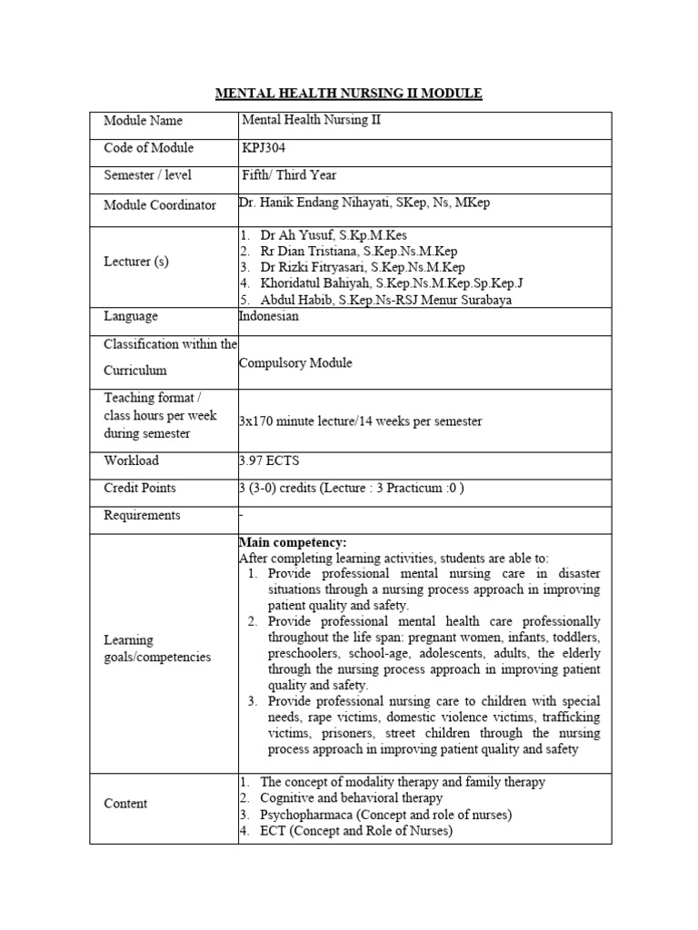 Mental Health Nursing II Syllabus | PDF | Nursing | Mental Disorder
