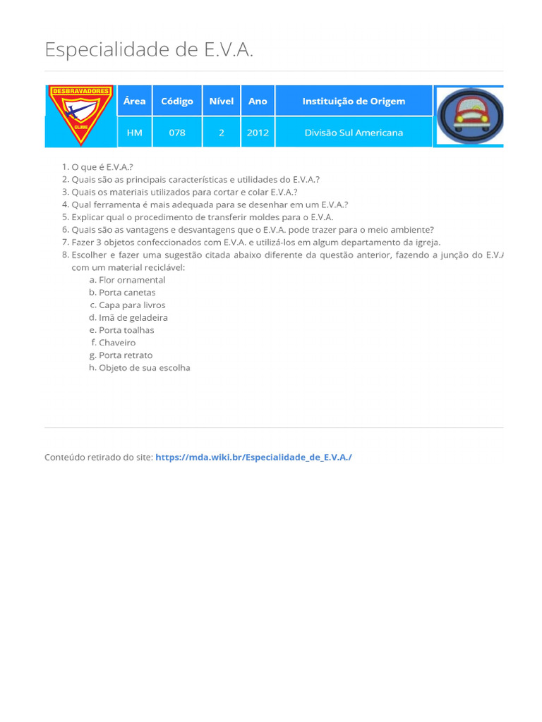 Especialidade de E.V.A. | PDF