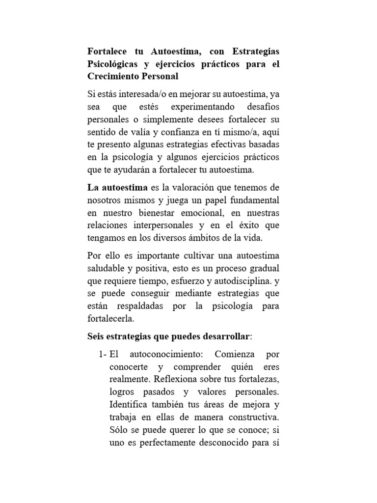 Fortalece Tu Autoestima Estrategias Y Ejercicios Pdf Autoestima