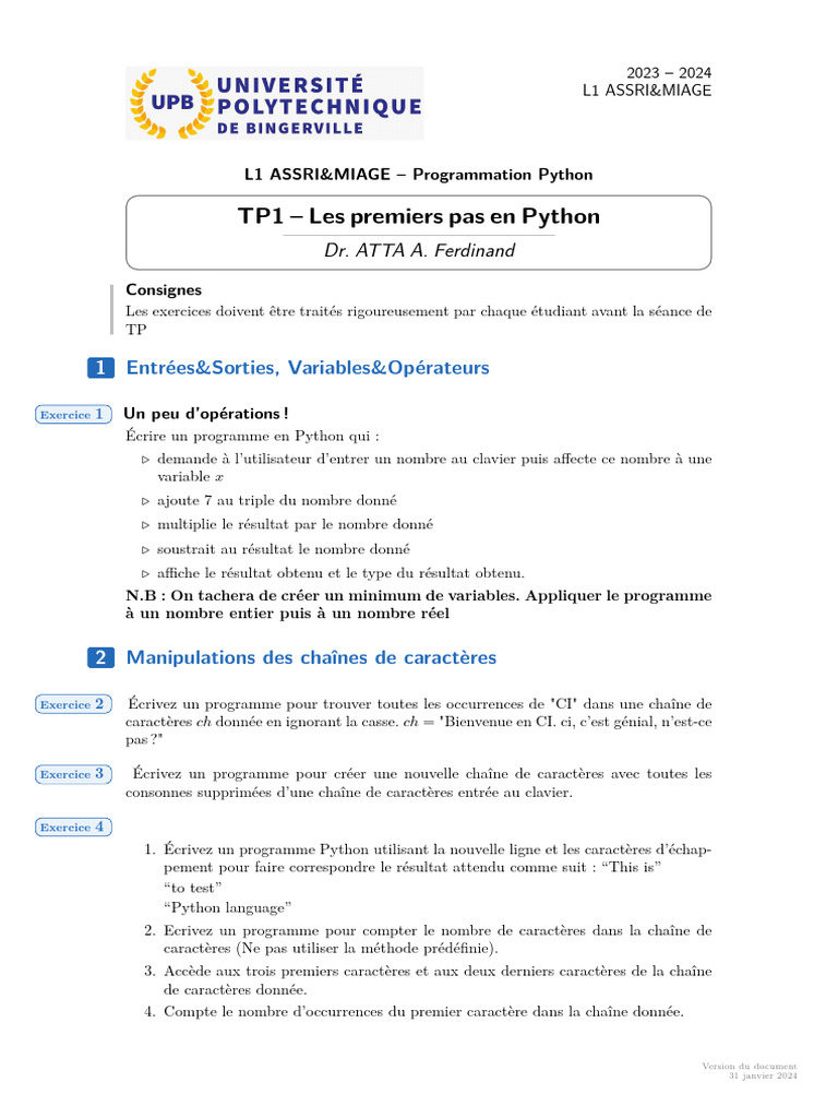 Premiers pas en Python : Exercices TP1 | PDF | Python (Langage de ...