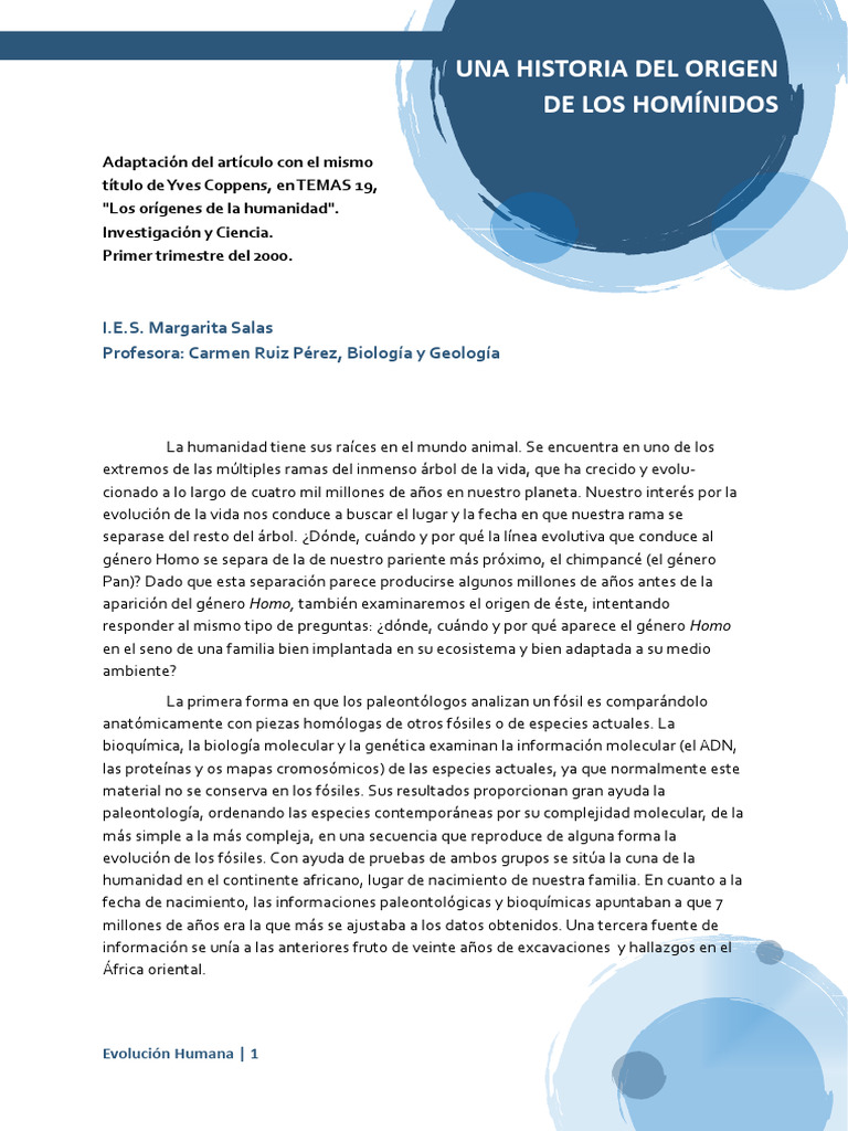 Origen y evolución de los homínidos | PDF | Evolución | Evolución humana