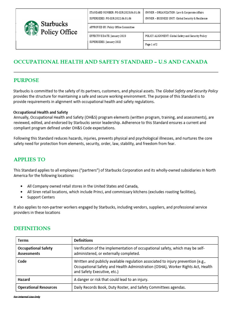 Starbucks Occupational Safety Standard | PDF