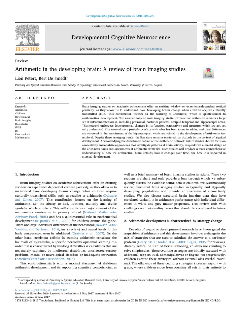 Ddarithmetic in The Developing Brain - A Review of Brain Imaging ...