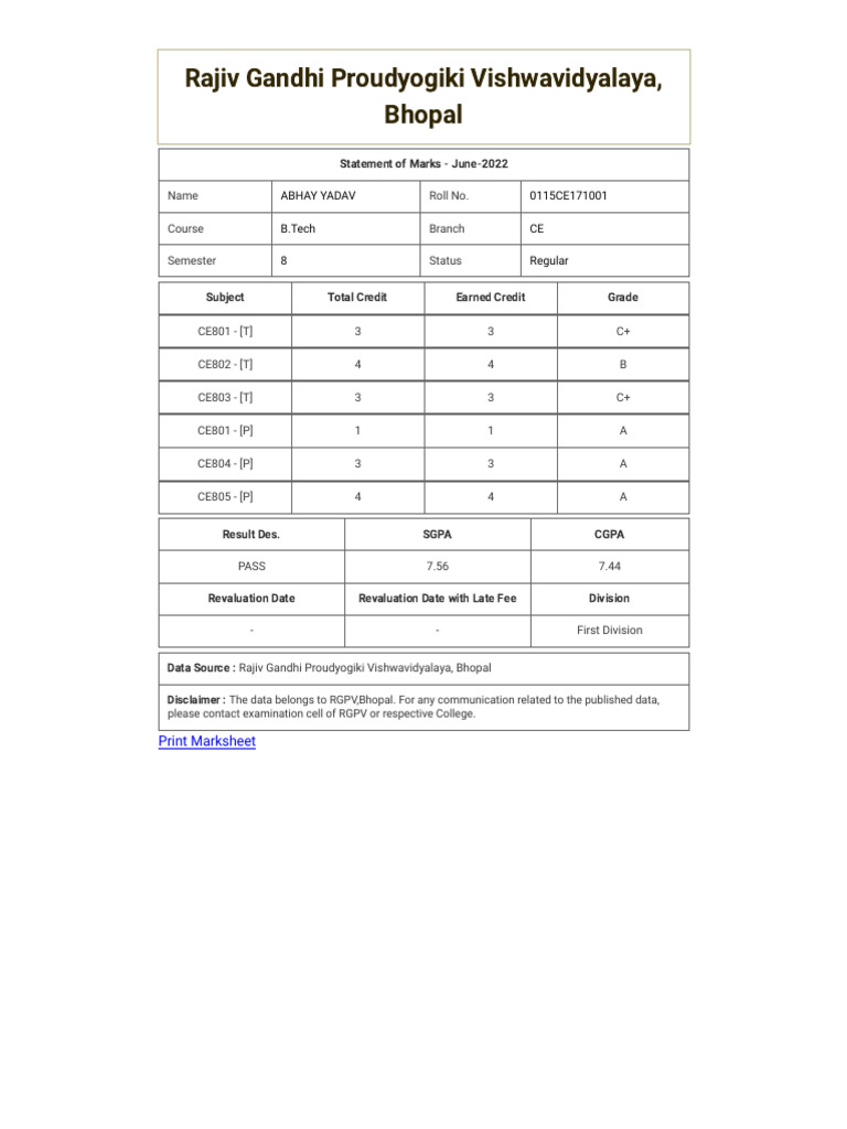 8th Semester Marksheet Rajiv Gandhi Proudyogiki Vishwavidyalaya