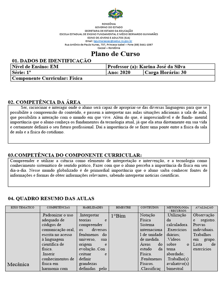 plano de curso de física 1° BG | PDF | Física | Science