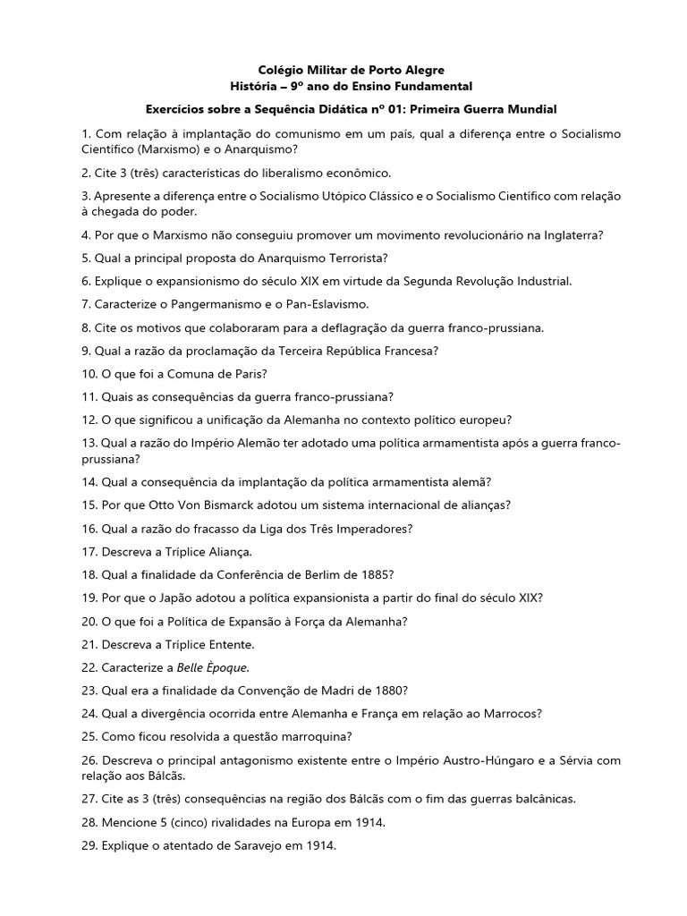 Exercícios SD01 - Primeira Guerra Mundial | PDF | Primeira Guerra ...