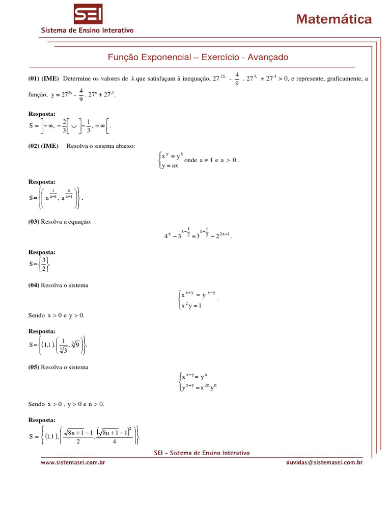 Exercícios Resolvidos de Função Exponencial | PDF