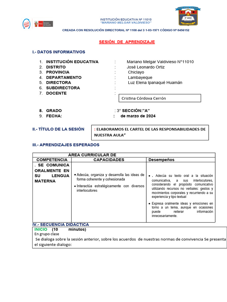 Cuadro de Responsabilidades en Aula | PDF | Salón de clases | Cognición