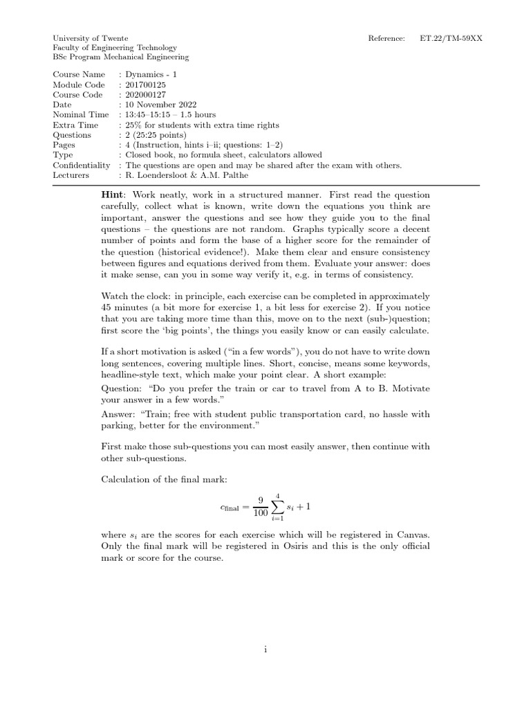 Mechanical Engineering Dynamics Exam | PDF | Momentum | Motion (Physics)