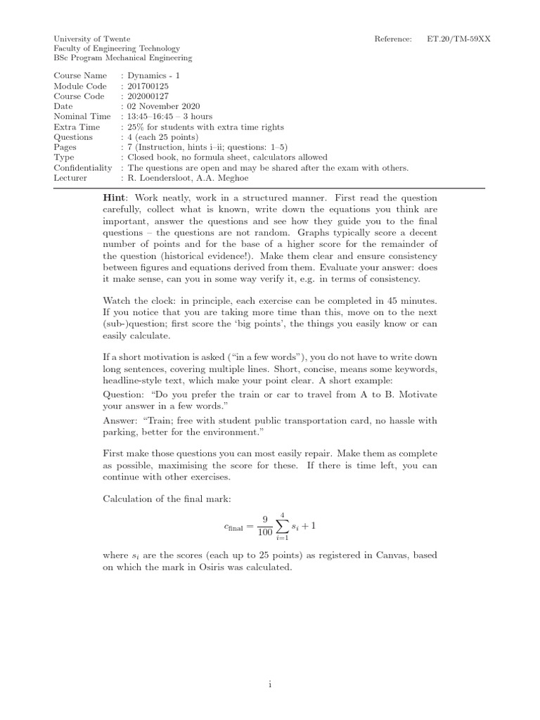 2020-11-02 Dynamics 1 Exam and Answers | PDF | Acceleration | Force