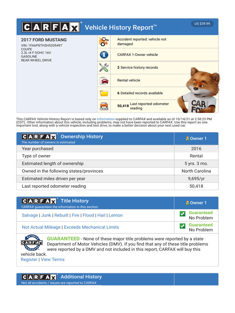 Carfax Vehicle History Report For This 2017 Ford Mustang ...