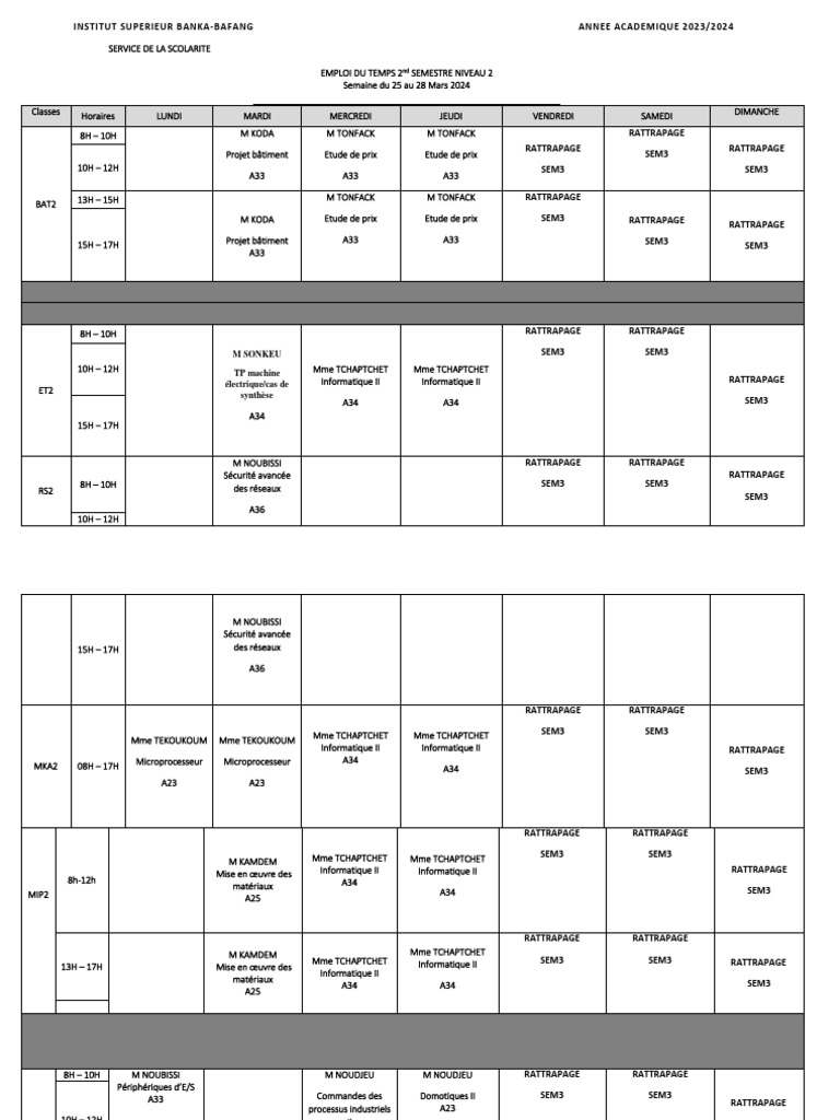 Emploi du temps 2nd semestre 2024 | PDF | Informatique | Informatique