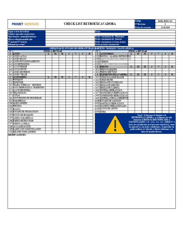 Check List Retroexcavadora 2023 | PDF | Vehículo de motor | Industria ...