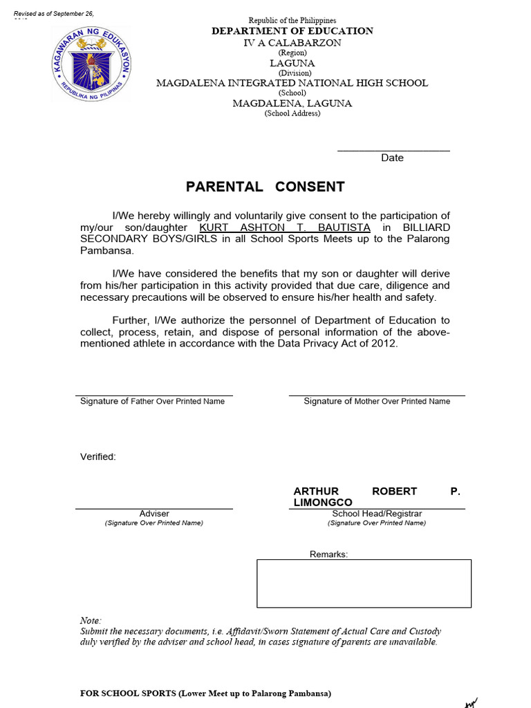 Parental Consent for School Sports Participation | PDF