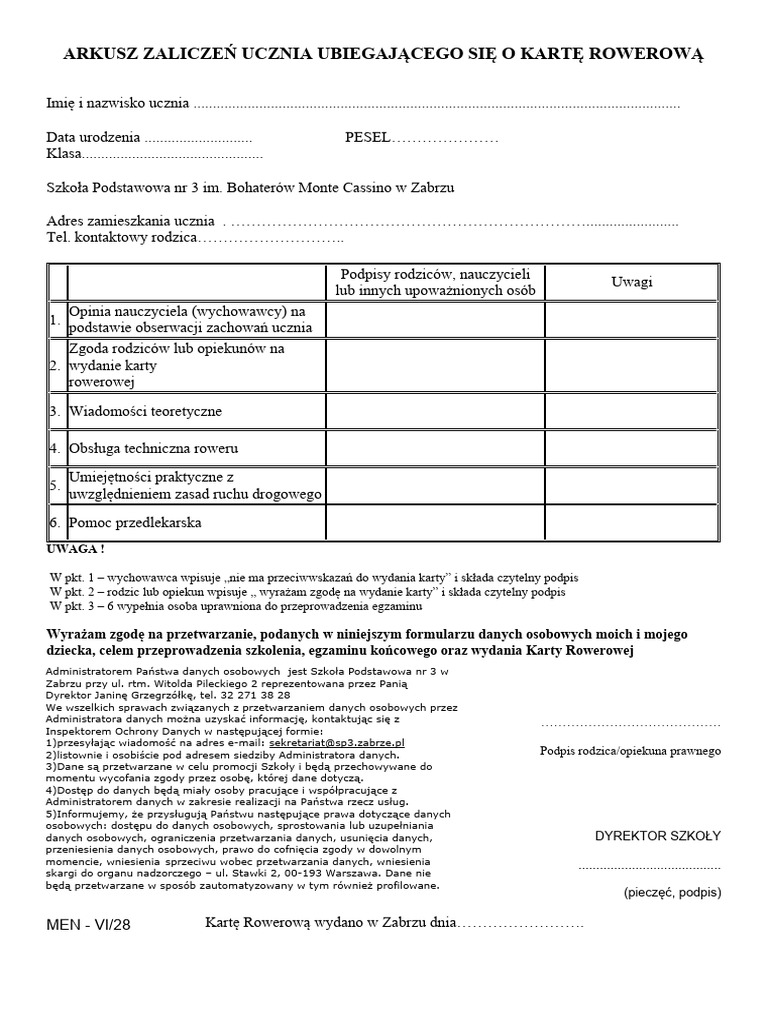 Arkusz Zaliczen Karta Rowerowa | PDF