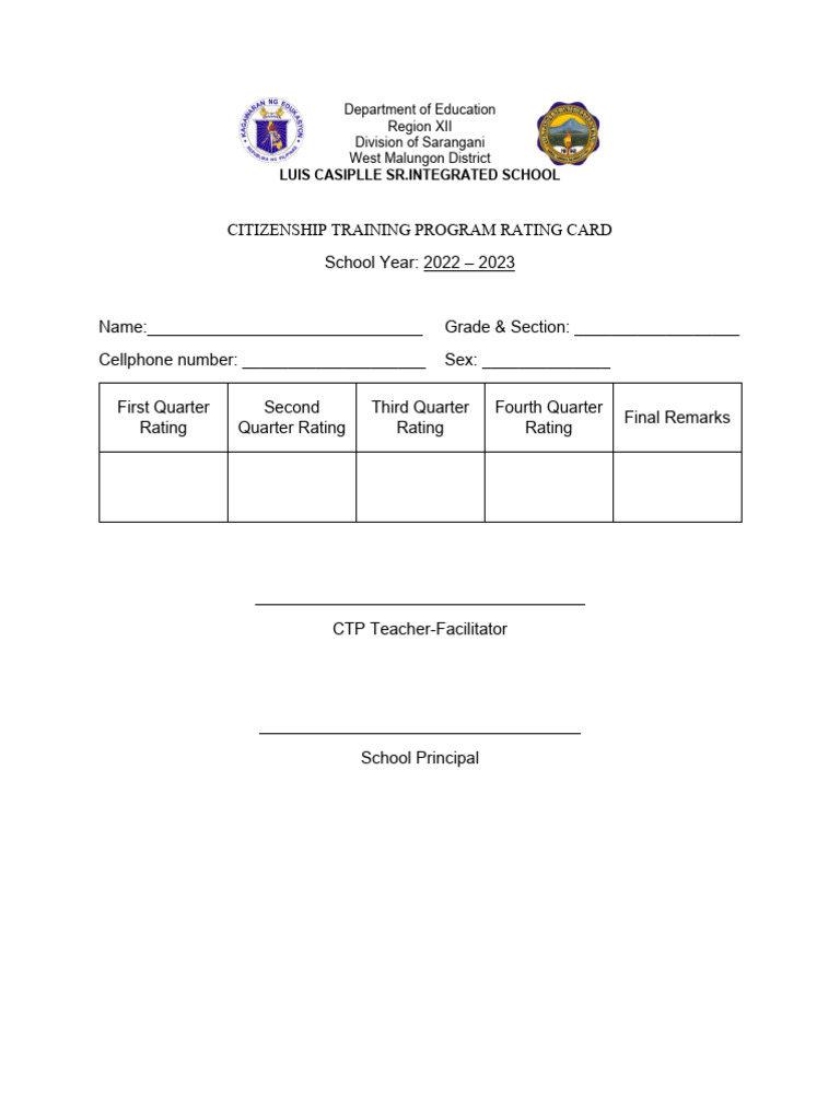 CTP Card for Luis Casiplle School | PDF | Business | Social Science