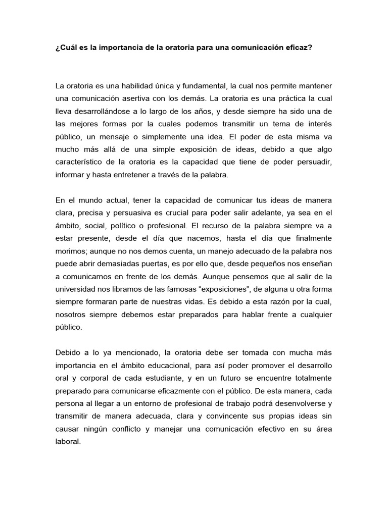 Importancia de la Oratoria Eficaz | PDF | Hablar en público | Comunicación