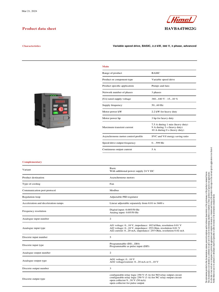 2.2 kW Variable Speed Drive Data Sheet | PDF | Relay | Electric Motor