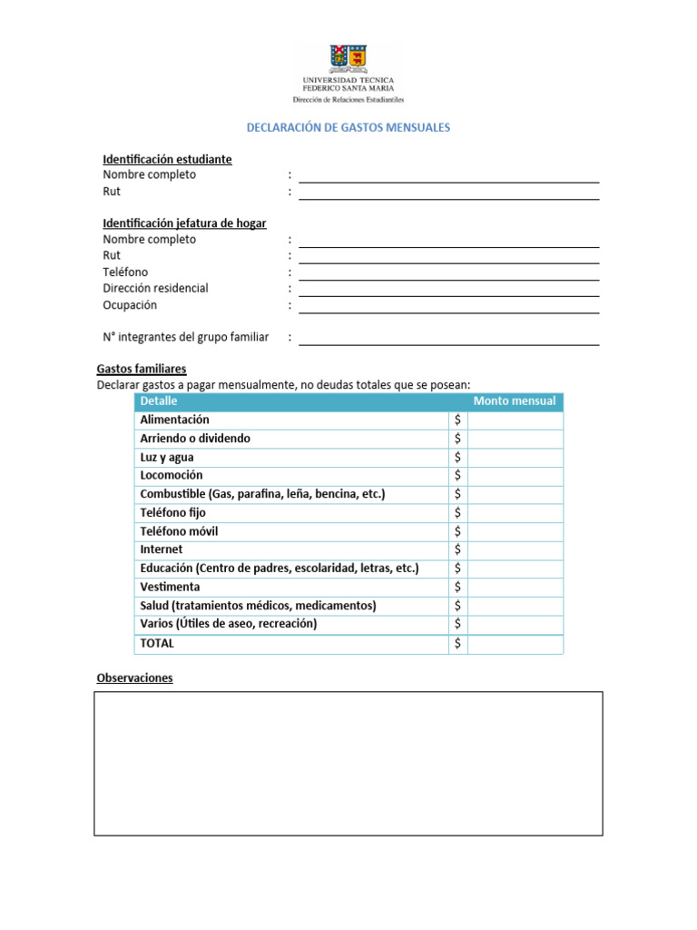 Declaración de Gastos Familiares Mensuales | PDF
