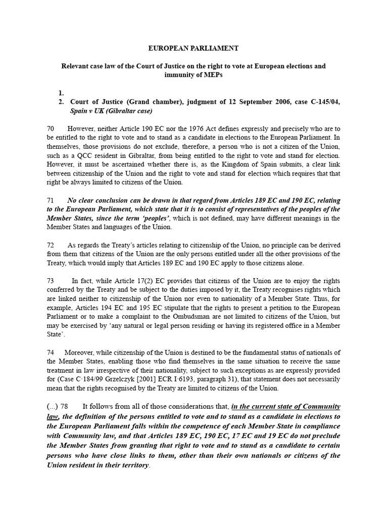 European Parliament - Case Law On The Right To Vote at EPs Election and ...
