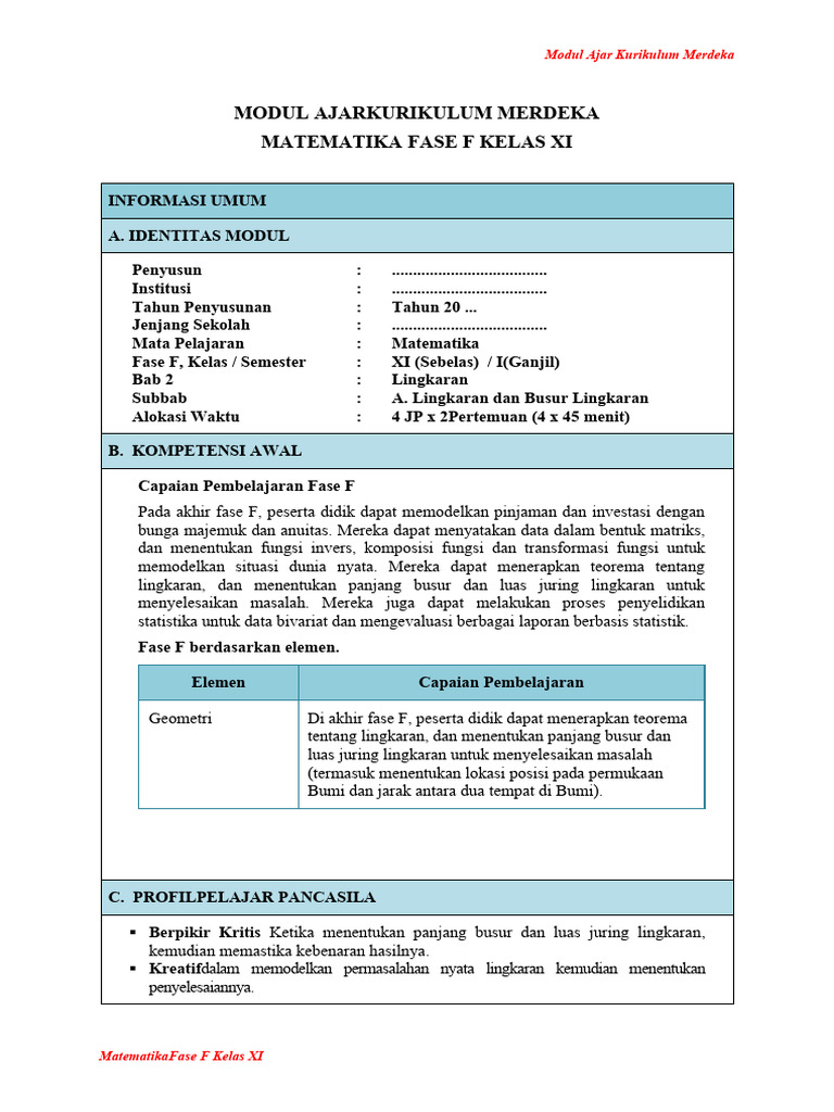 Modul Ajar Matematika Kelas XI Lingkaran | PDF