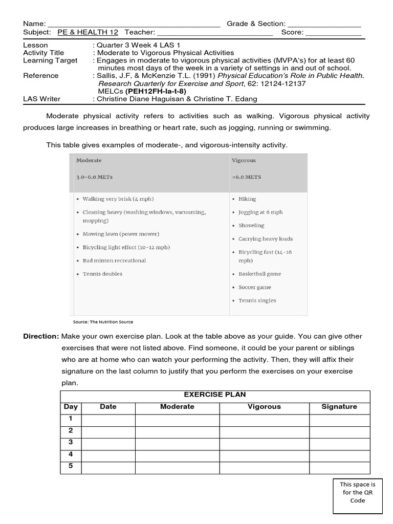 PE & Health Exercise Plan | PDF