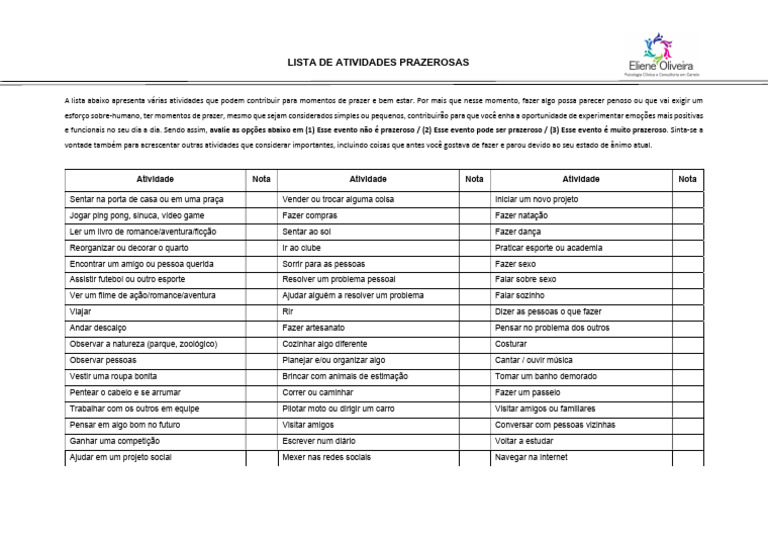 Lista de Atividades Prazerosas | PDF | Prazer
