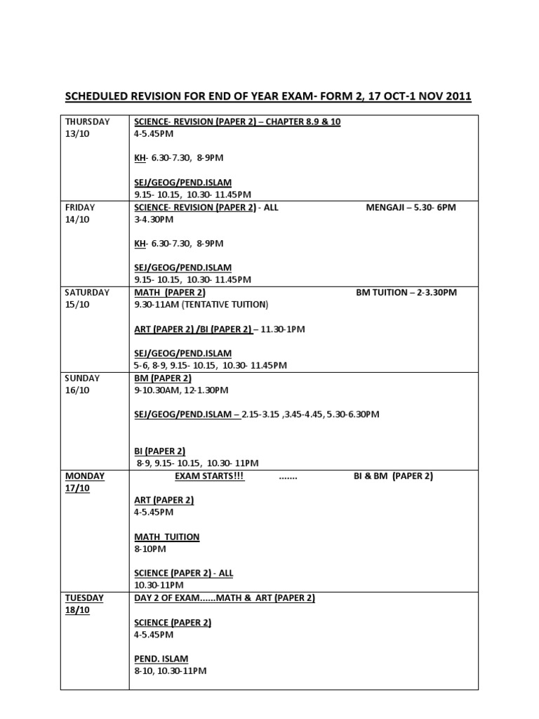 Revision Schedule for Form 2 Exams | PDF